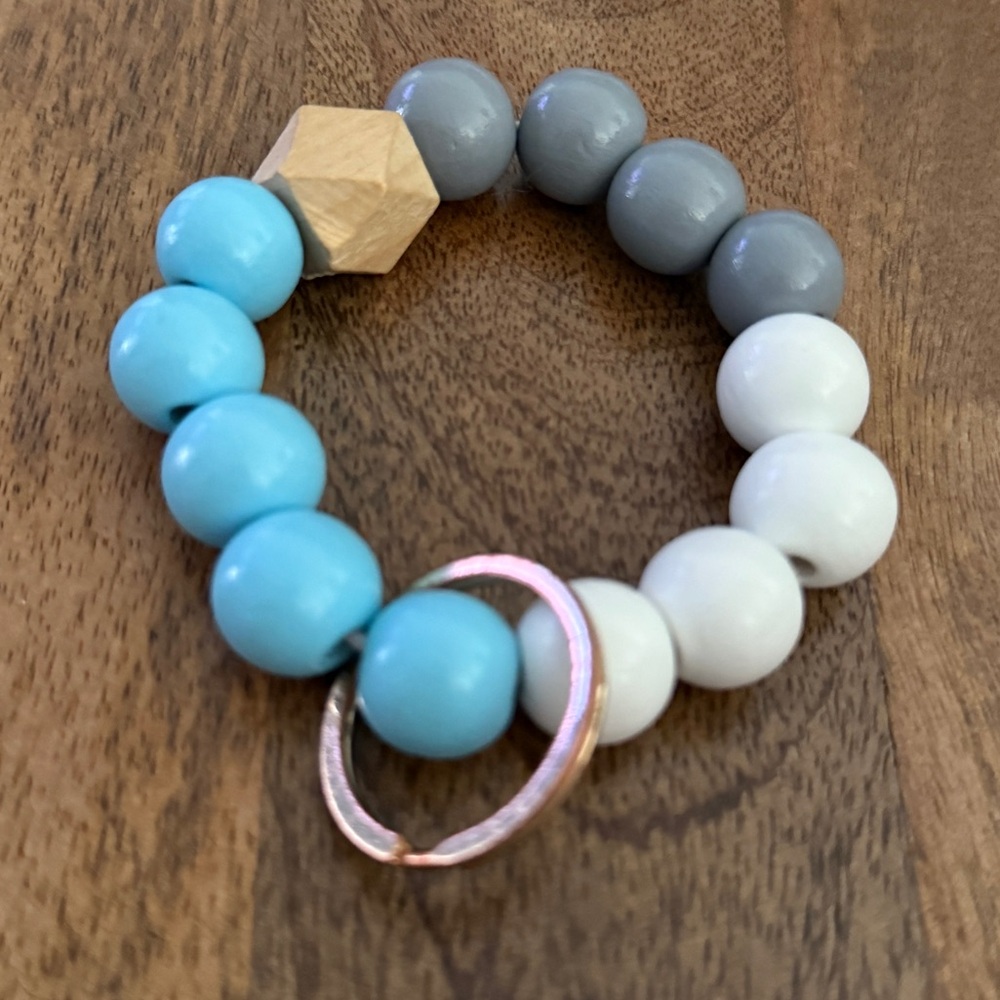Gray, Blue, and White Beaded Bracelet Keychain